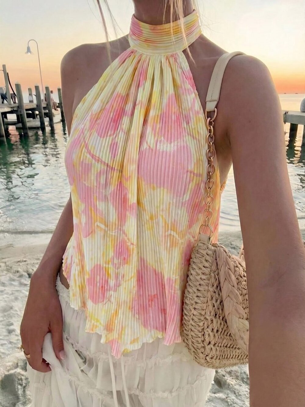 Boho Women's Floral Print Ruched Halter Neck Blouse